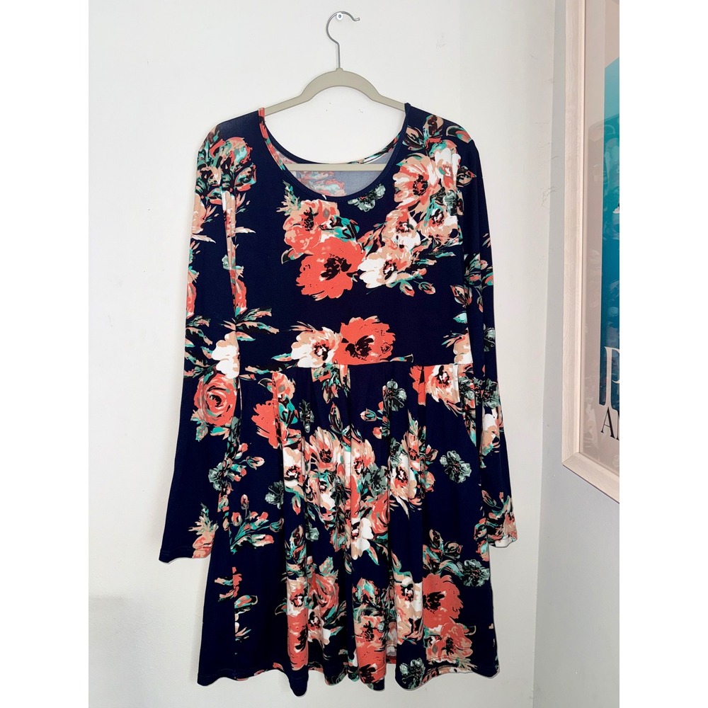 Floral Long Sleeve Empire Waist Fit and Flare Dress Navy Coral 2XL